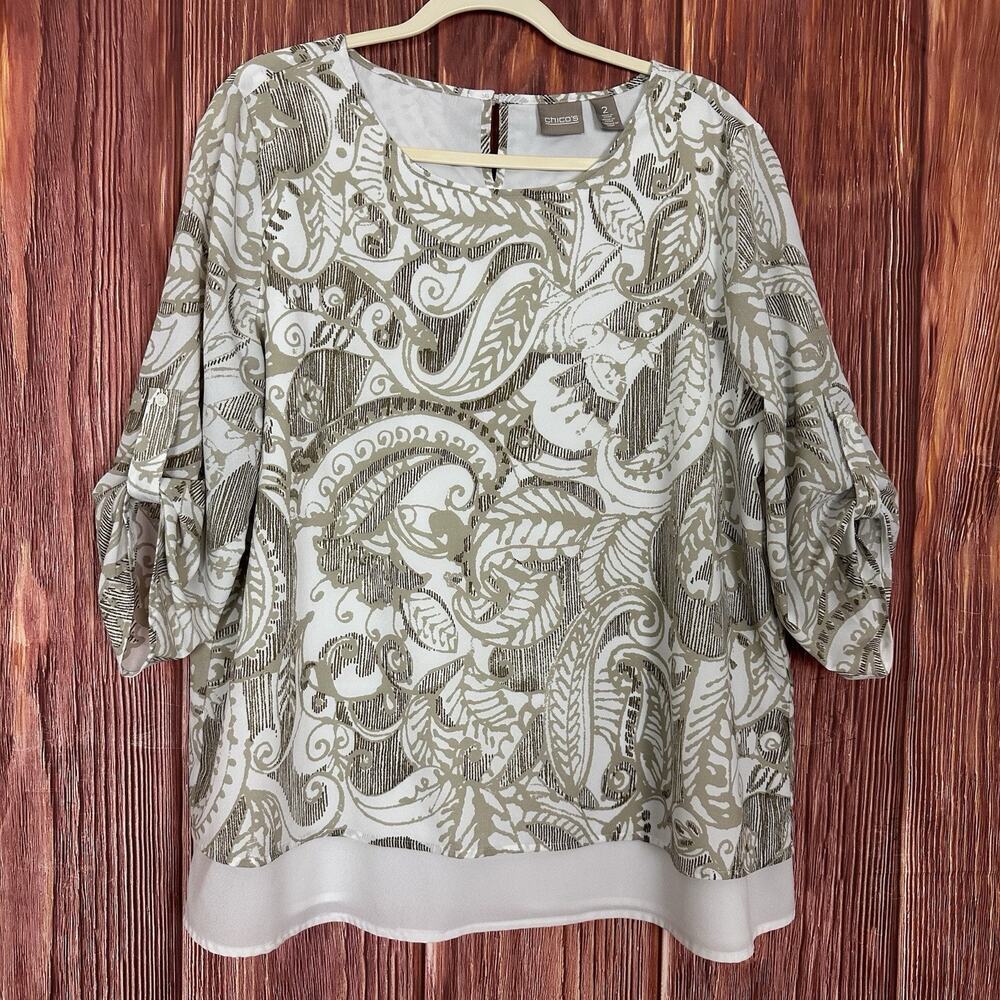 Chico's Paisley‎ Print Blouse Roll Tab Sleeve Size 2 US Large L Taupe Tan